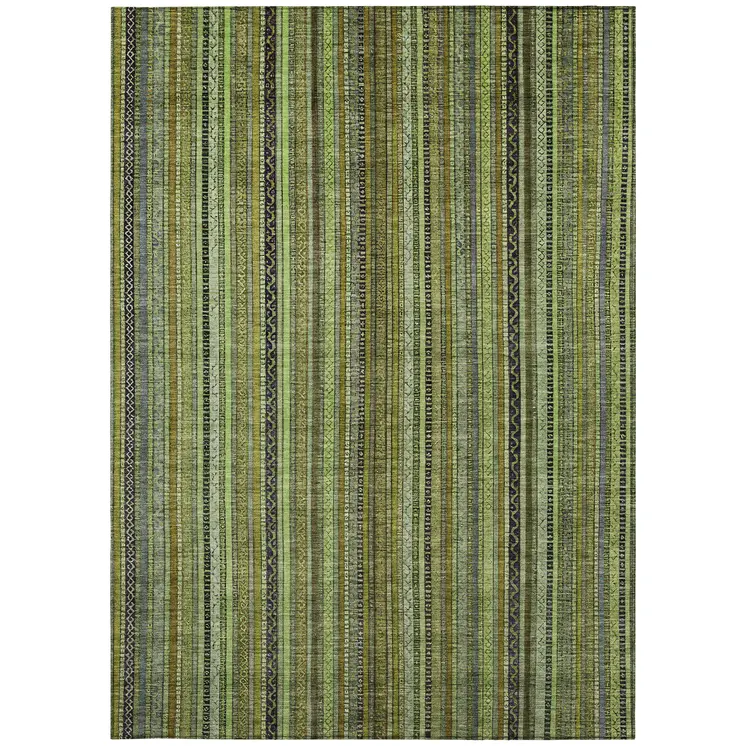5' X 8' Green Gold And Gray Striped Washable Indoor Outdoor Area Rug