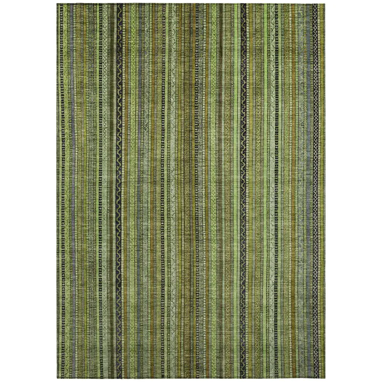 10' X 14' Green Gold And Gray Striped Washable Indoor Outdoor Area Rug