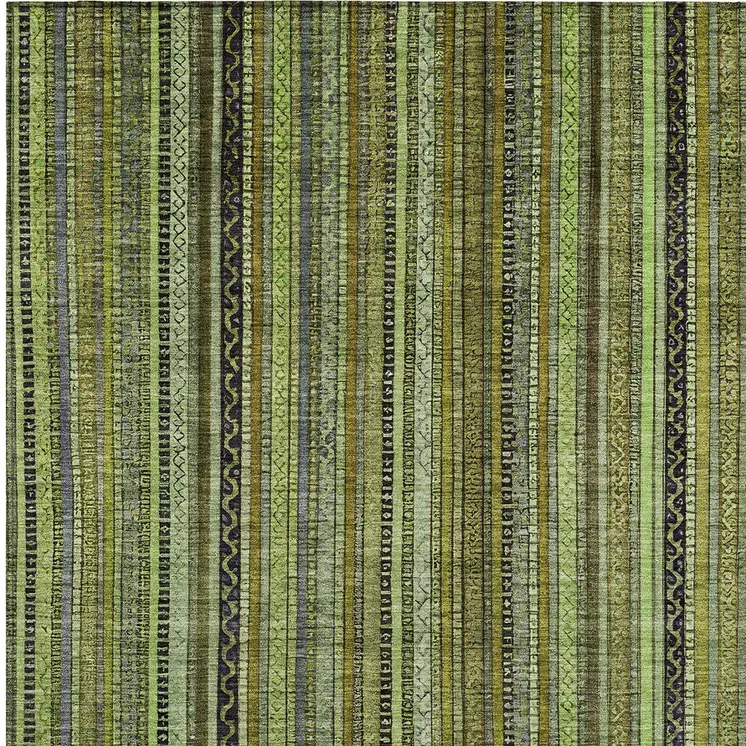 10' X 14' Green Gold And Gray Striped Washable Indoor Outdoor Area Rug