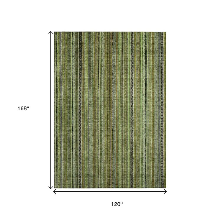 10' X 14' Green Gold And Gray Striped Washable Indoor Outdoor Area Rug