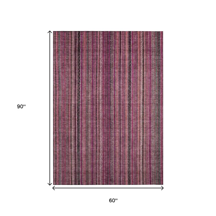 5' X 8' Pink Mauve And Blush Striped Washable Indoor Outdoor Area Rug