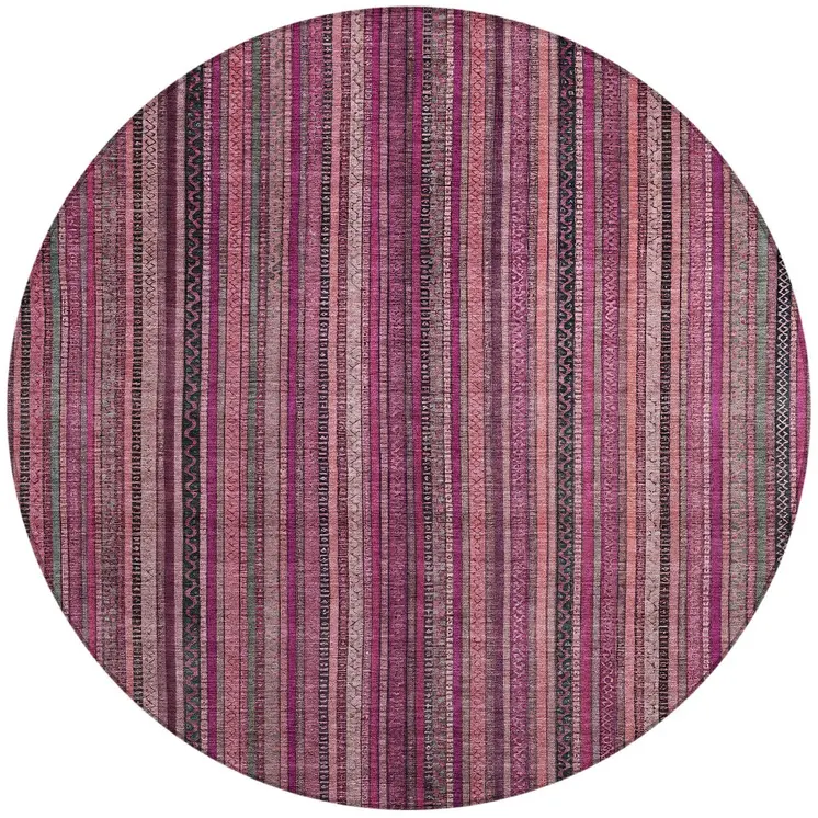 8' Pink Mauve And Blush Round Striped Washable Indoor Outdoor Area Rug