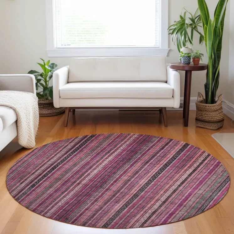8' Pink Mauve And Blush Round Striped Washable Indoor Outdoor Area Rug