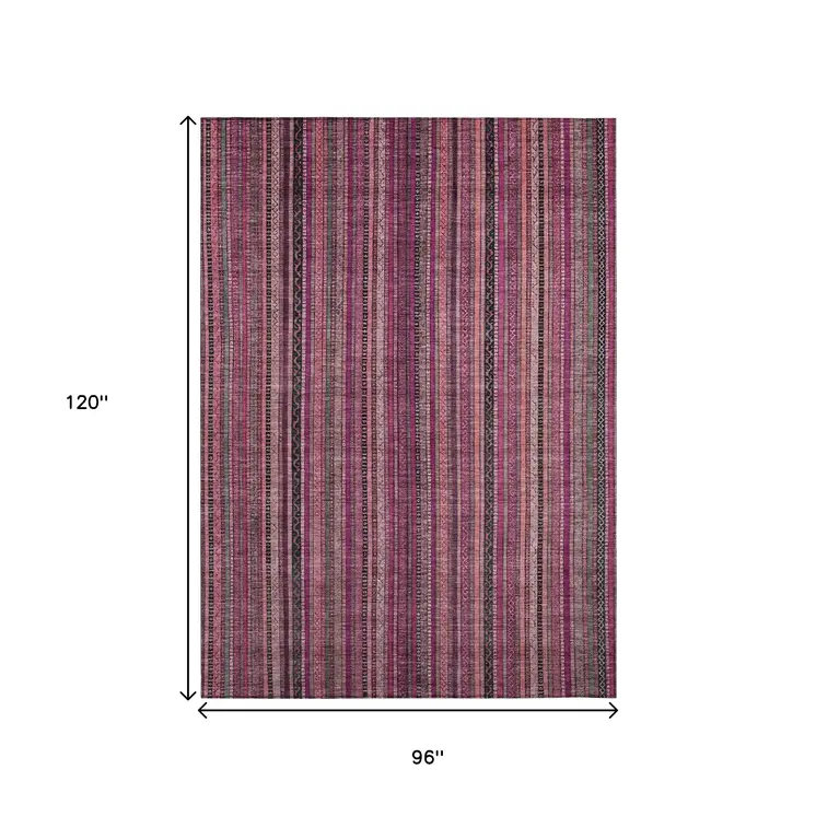 8' X 10' Pink Mauve And Blush Striped Washable Indoor Outdoor Area Rug