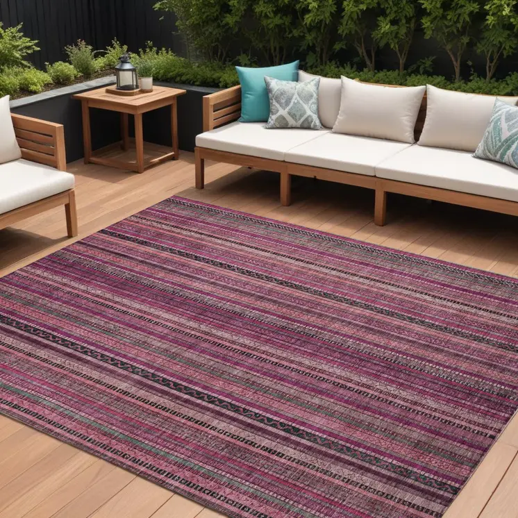8' X 10' Pink Mauve And Blush Striped Washable Indoor Outdoor Area Rug