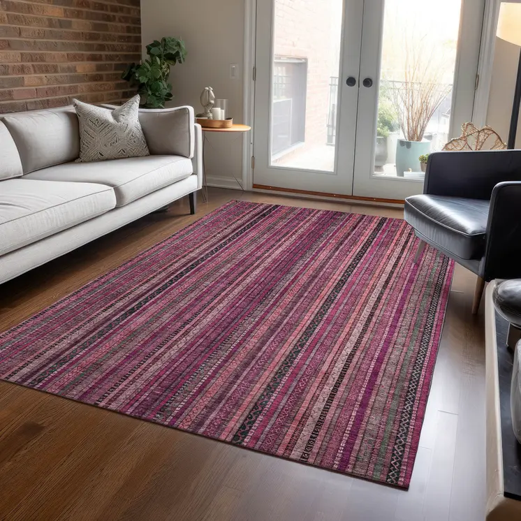 8' X 10' Pink Mauve And Blush Striped Washable Indoor Outdoor Area Rug