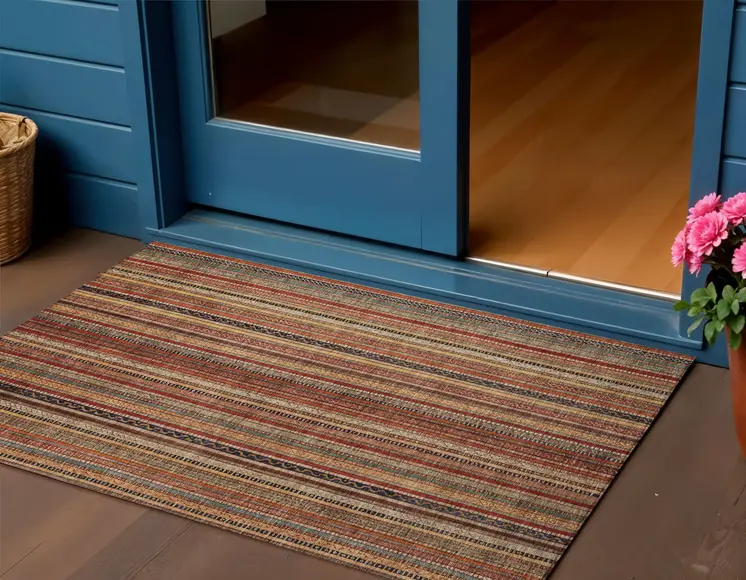 3' X 5' Rust Taupe And Gray Striped Washable Indoor Outdoor Area Rug