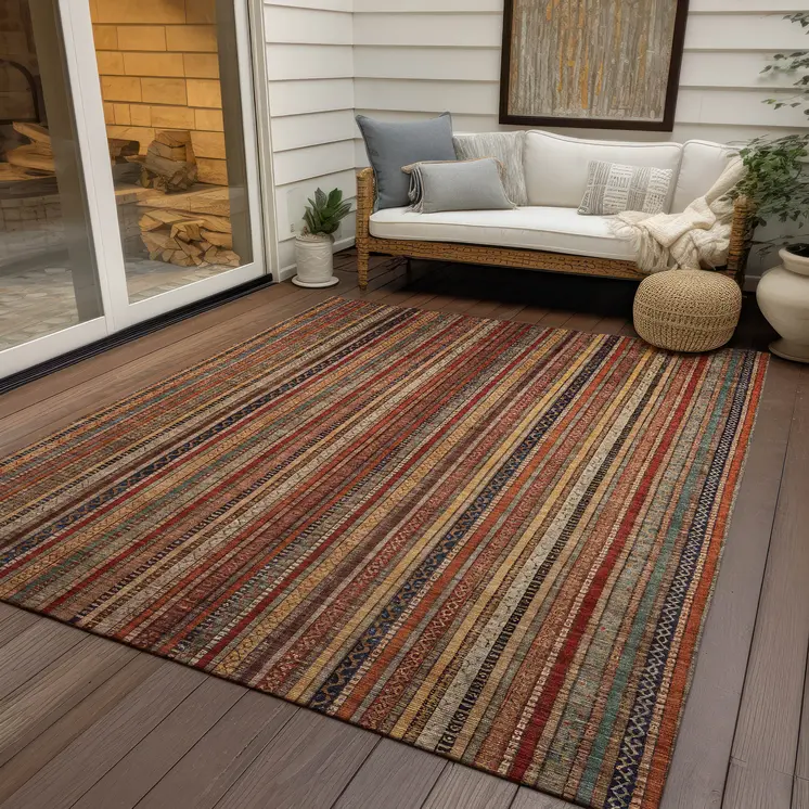 3' X 5' Rust Taupe And Gray Striped Washable Indoor Outdoor Area Rug