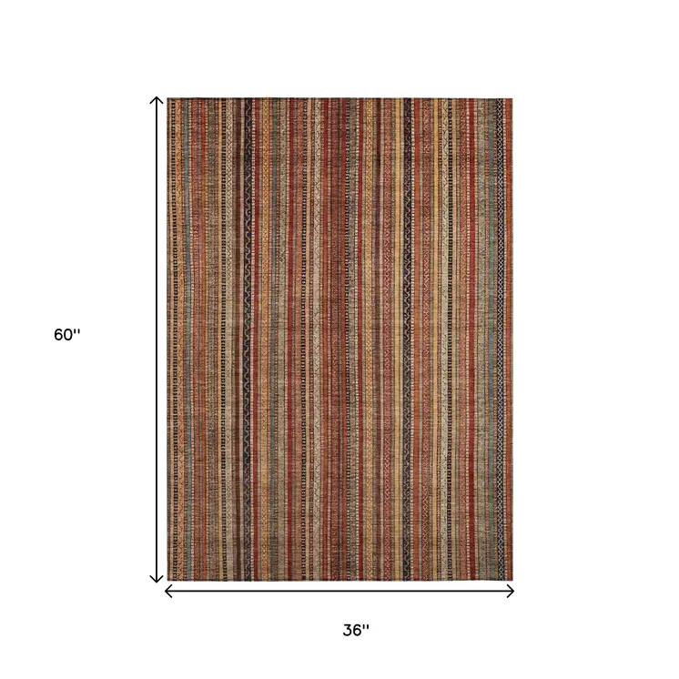 3' X 5' Rust Taupe And Gray Striped Washable Indoor Outdoor Area Rug