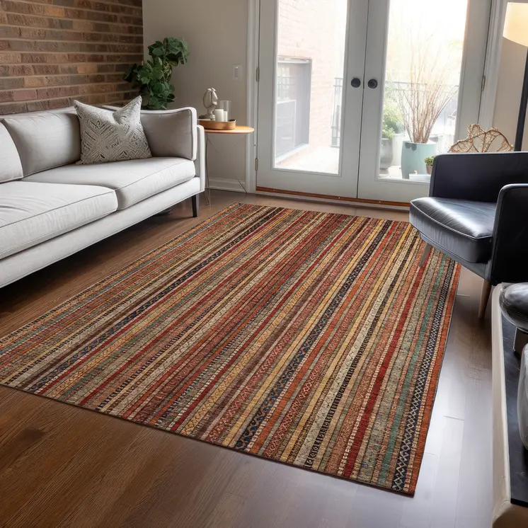 3' X 5' Rust Taupe And Gray Striped Washable Indoor Outdoor Area Rug