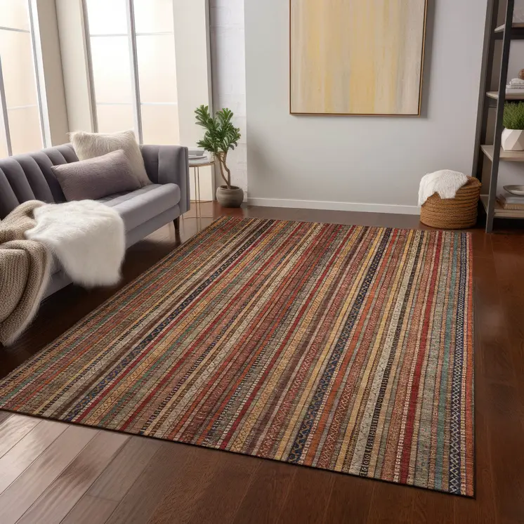 3' X 5' Rust Taupe And Gray Striped Washable Indoor Outdoor Area Rug