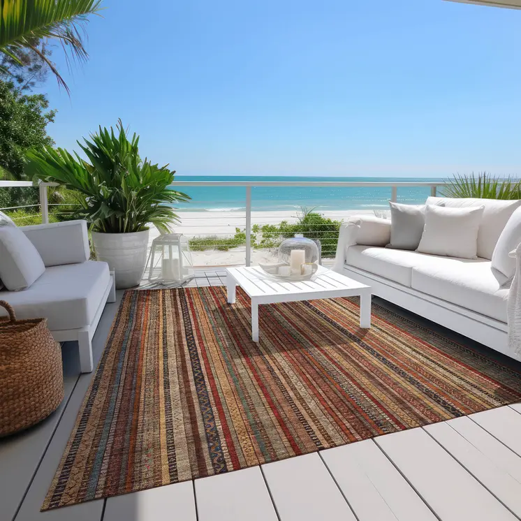 3' X 5' Rust Taupe And Gray Striped Washable Indoor Outdoor Area Rug