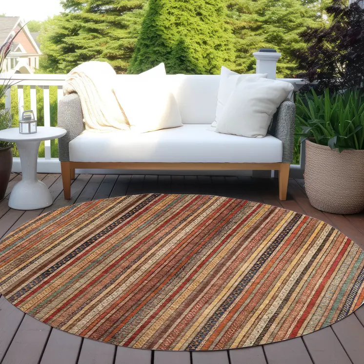 8' Rust Taupe And Gray Round Striped Washable Indoor Outdoor Area Rug
