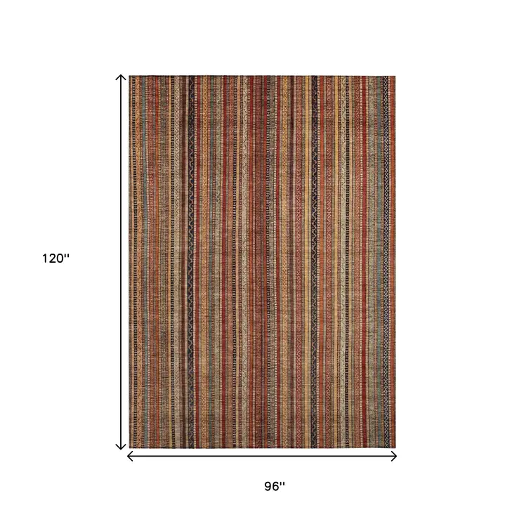 8' X 10' Rust Taupe And Gray Striped Washable Indoor Outdoor Area Rug