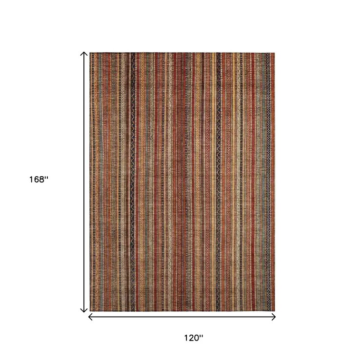 10' X 14' Rust Taupe And Gray Striped Washable Indoor Outdoor Area Rug