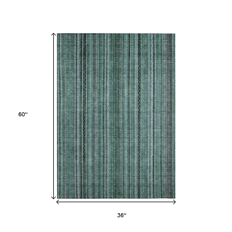 3' X 5' Teal Blue Aqua And Gray Striped Washable Indoor Outdoor Area Rug
