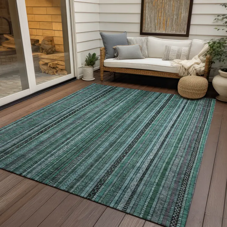 3' X 5' Teal Blue Aqua And Gray Striped Washable Indoor Outdoor Area Rug