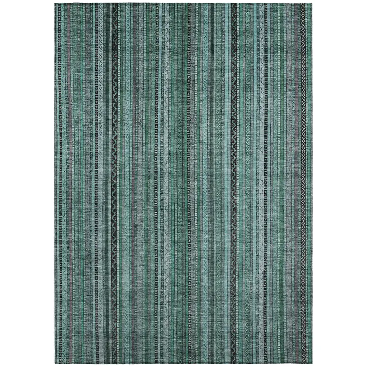 3' X 5' Teal Blue Aqua And Gray Striped Washable Indoor Outdoor Area Rug