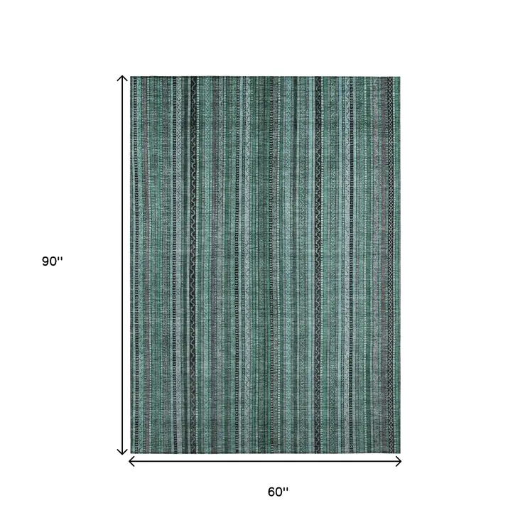 5' X 8' Teal Blue Aqua And Gray Striped Washable Indoor Outdoor Area Rug