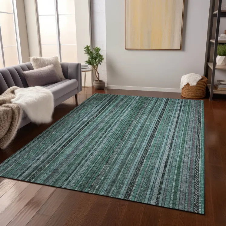 5' X 8' Teal Blue Aqua And Gray Striped Washable Indoor Outdoor Area Rug