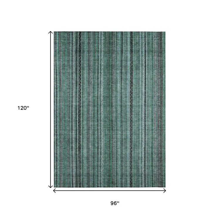 8' X 10' Teal Blue Aqua And Gray Striped Washable Indoor Outdoor Area Rug