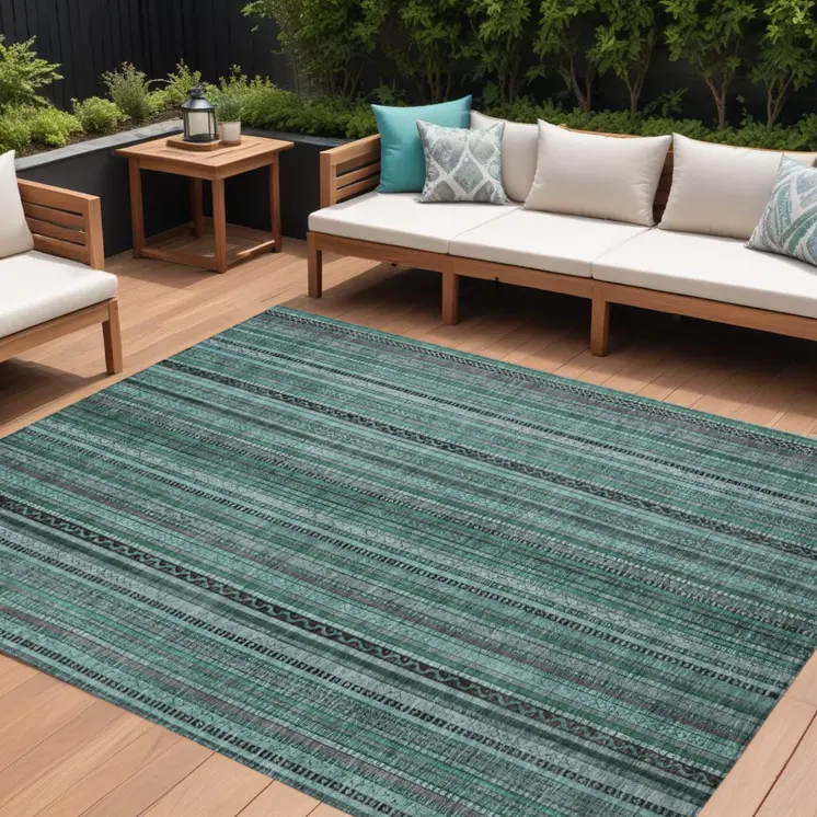 9' X 12' Teal Blue Aqua And Gray Striped Washable Indoor Outdoor Area Rug