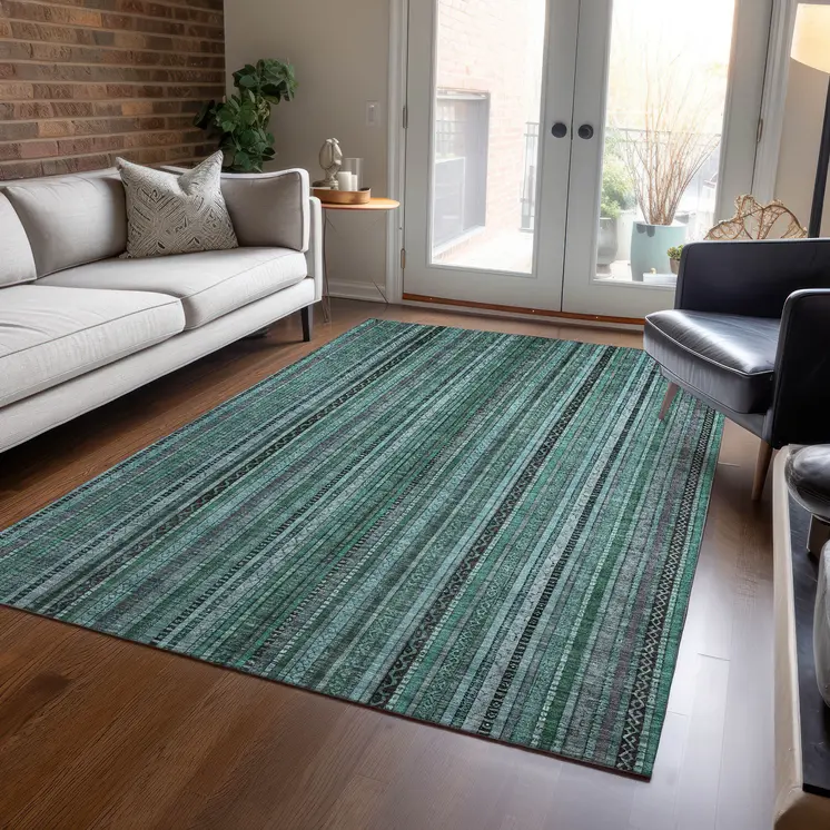 9' X 12' Teal Blue Aqua And Gray Striped Washable Indoor Outdoor Area Rug