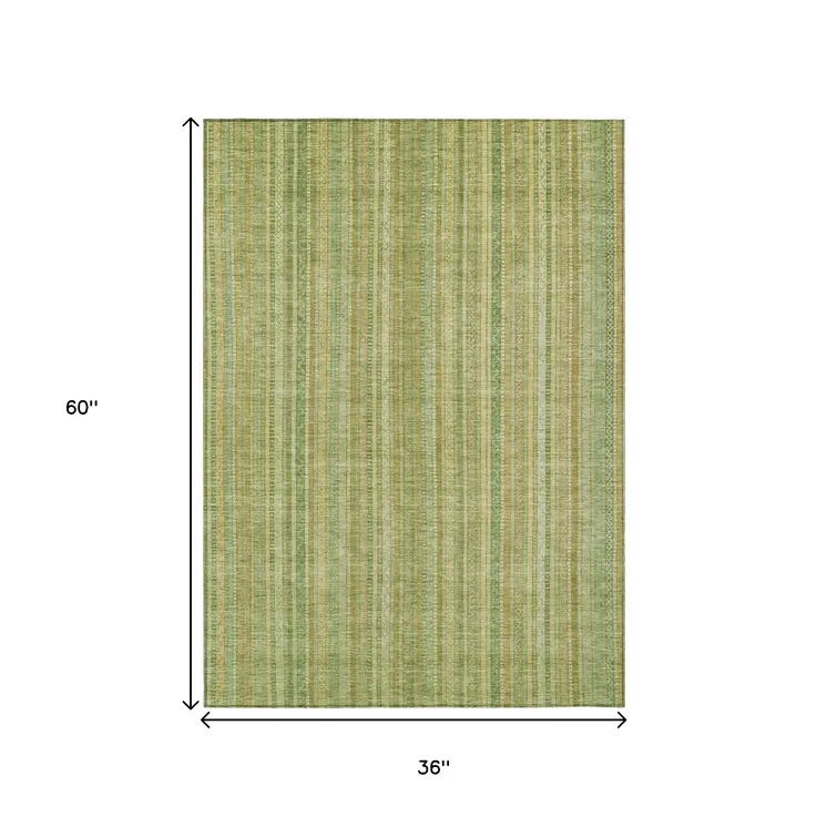 3' X 5' Artichoke Green Fern Green And Gold Striped Washable Indoor Outdoor Area Rug