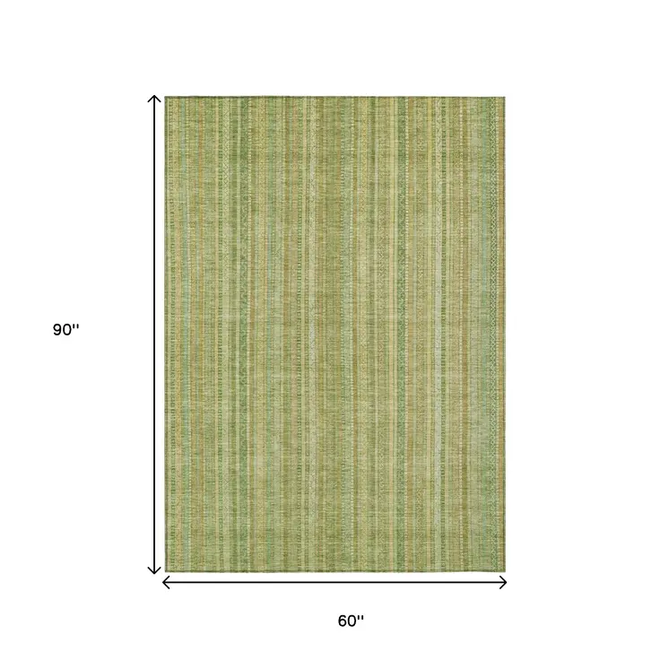 5' X 8' Artichoke Green Fern Green And Gold Striped Washable Indoor Outdoor Area Rug