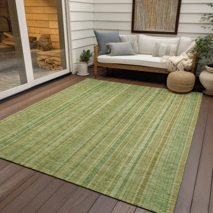 5' X 8' Artichoke Green Fern Green And Gold Striped Washable Indoor Outdoor Area Rug