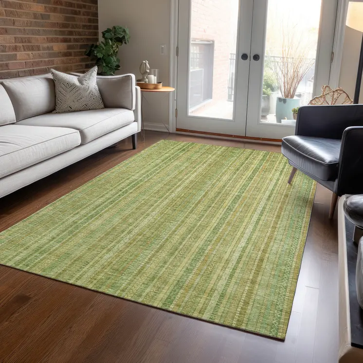 5' X 8' Artichoke Green Fern Green And Gold Striped Washable Indoor Outdoor Area Rug