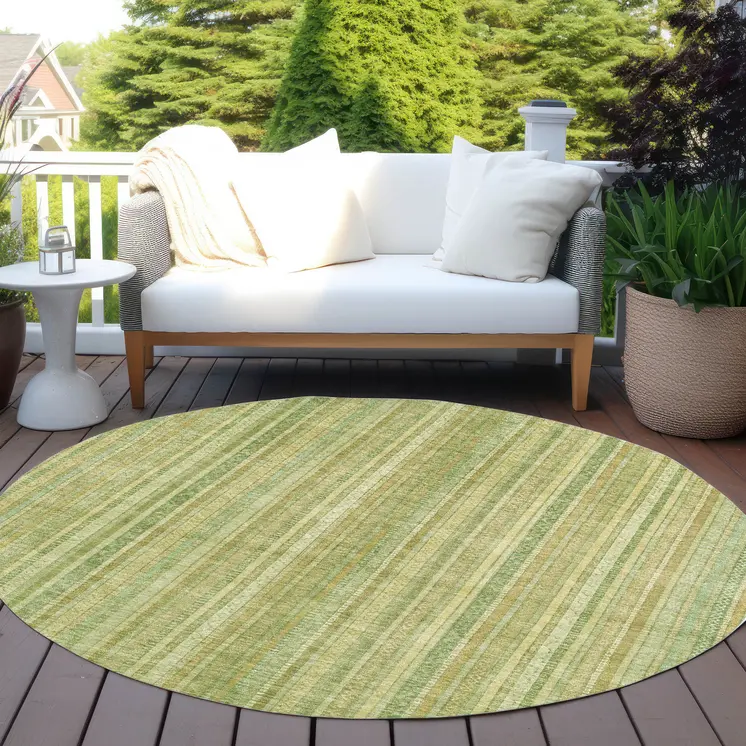 8' Artichoke Green Fern Green And Gold Round Striped Washable Indoor Outdoor Area Rug