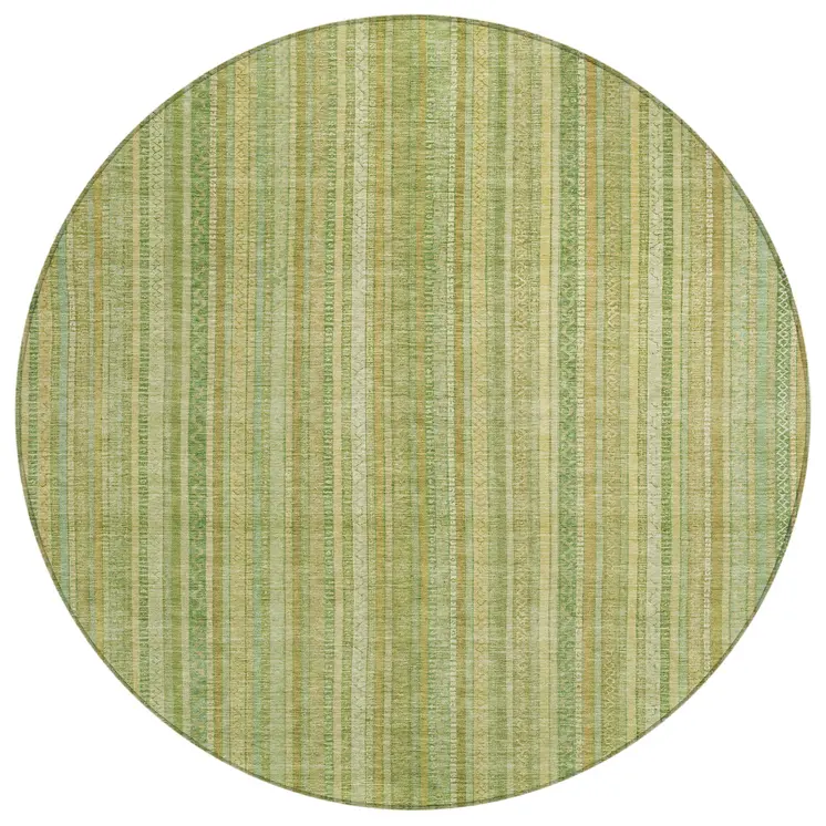 8' Artichoke Green Fern Green And Gold Round Striped Washable Indoor Outdoor Area Rug