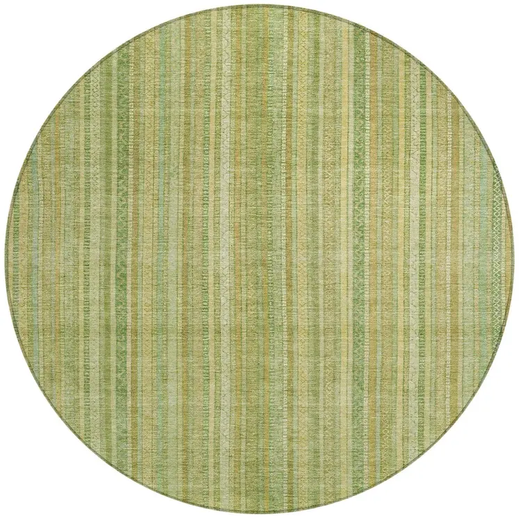 8' Artichoke Green Fern Green And Gold Round Striped Washable Indoor Outdoor Area Rug