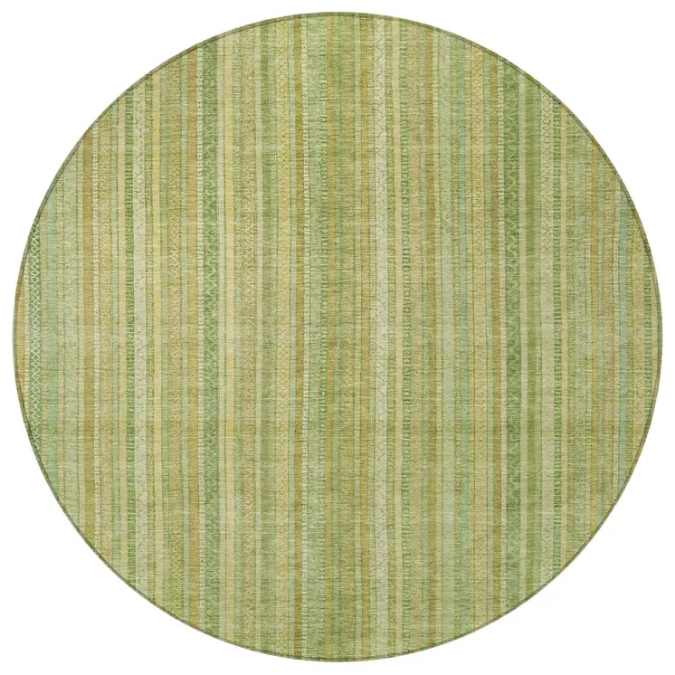 8' Artichoke Green Fern Green And Gold Round Striped Washable Indoor Outdoor Area Rug