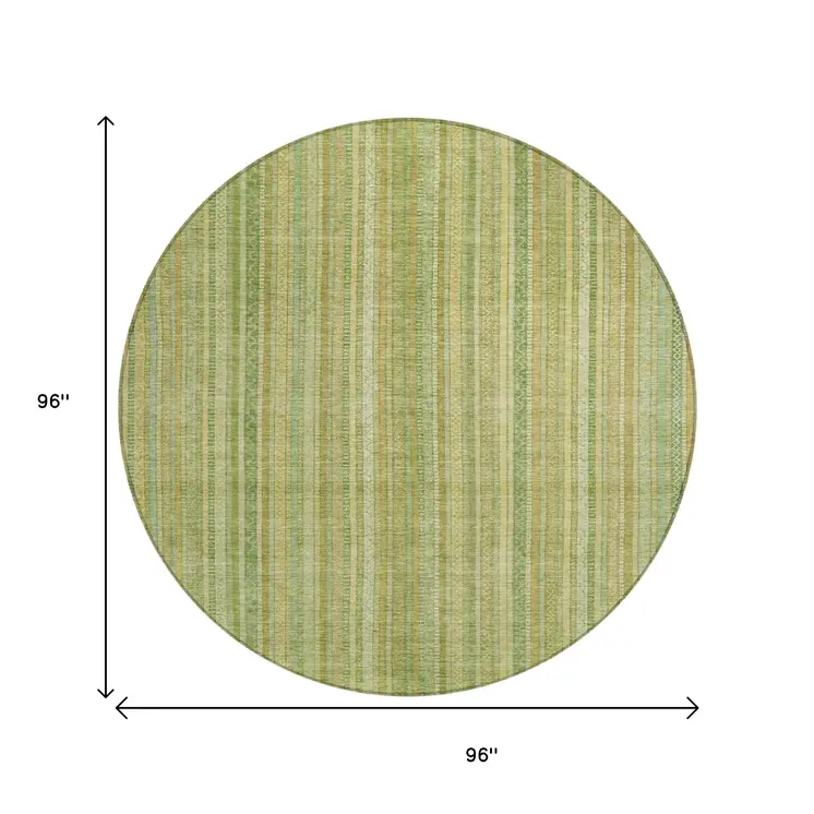 8' Artichoke Green Fern Green And Gold Round Striped Washable Indoor Outdoor Area Rug