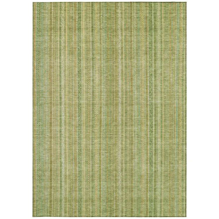9' X 12' Artichoke Green Fern Green And Gold Striped Washable Indoor Outdoor Area Rug