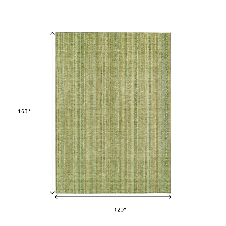 10' X 14' Artichoke Green Fern Green And Gold Striped Washable Indoor Outdoor Area Rug
