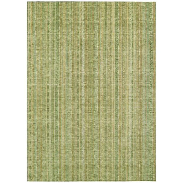 10' X 14' Artichoke Green Fern Green And Gold Striped Washable Indoor Outdoor Area Rug