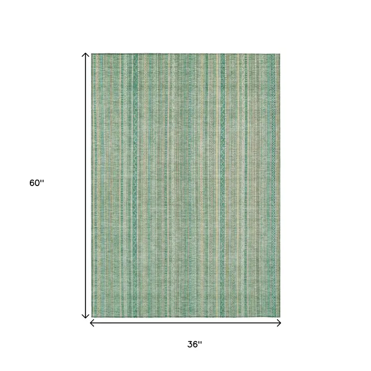 3' X 5' Aqua Beige And Teal Blue Striped Washable Indoor Outdoor Area Rug