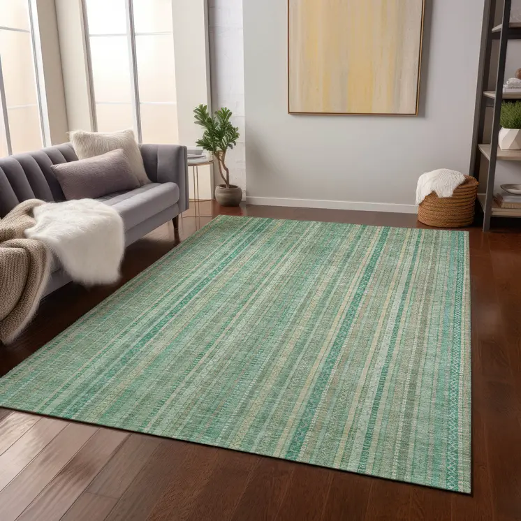 3' X 5' Aqua Beige And Teal Blue Striped Washable Indoor Outdoor Area Rug
