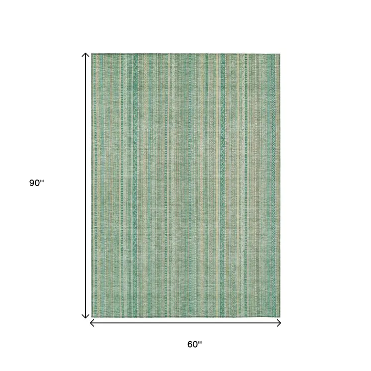 5' X 8' Aqua Beige And Teal Blue Striped Washable Indoor Outdoor Area Rug