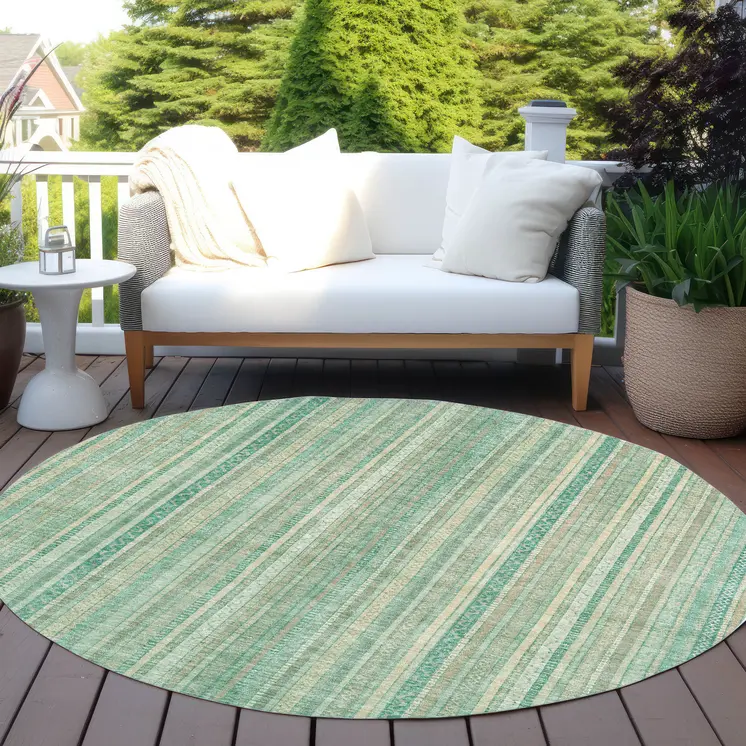 8' Aqua Beige And Teal Blue Round Striped Washable Indoor Outdoor Area Rug