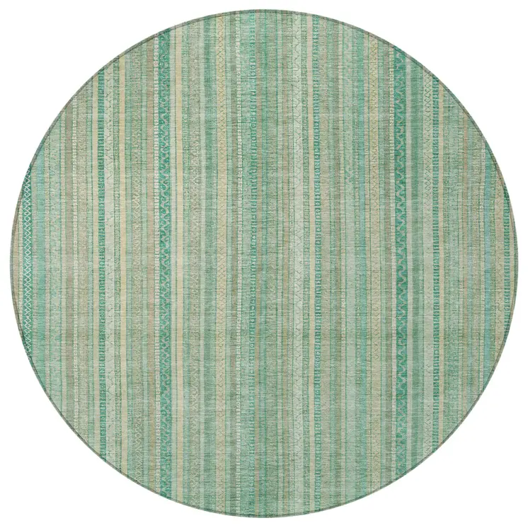 8' Aqua Beige And Teal Blue Round Striped Washable Indoor Outdoor Area Rug