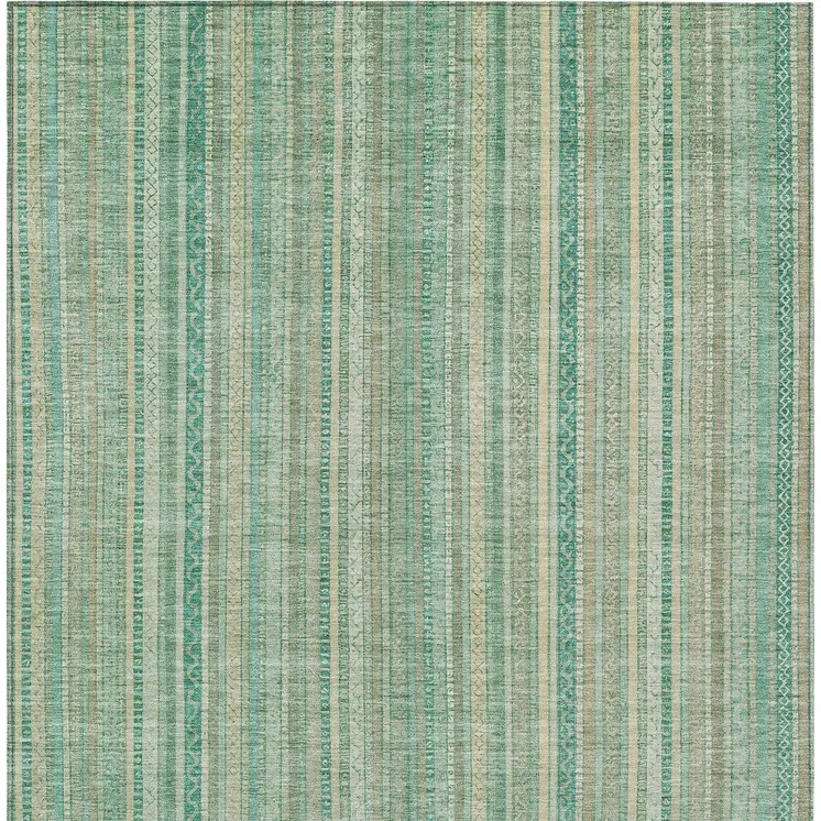 8' X 10' Aqua Beige And Teal Blue Striped Washable Indoor Outdoor Area Rug