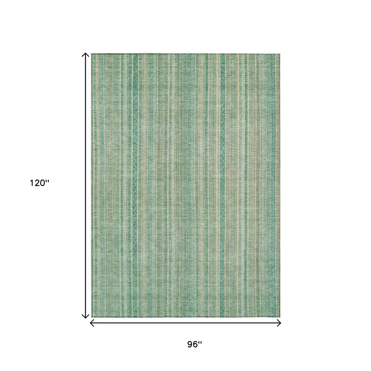 8' X 10' Aqua Beige And Teal Blue Striped Washable Indoor Outdoor Area Rug