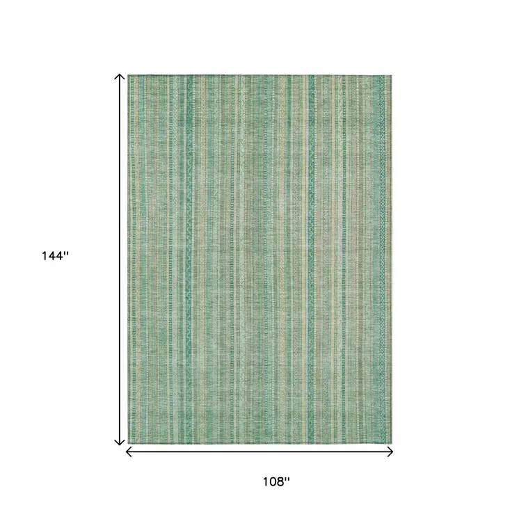 9' X 12' Aqua Beige And Teal Blue Striped Washable Indoor Outdoor Area Rug