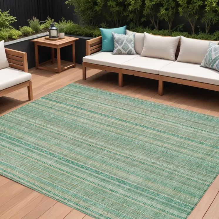9' X 12' Aqua Beige And Teal Blue Striped Washable Indoor Outdoor Area Rug