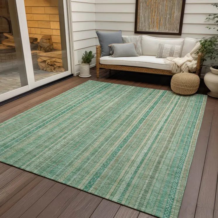 9' X 12' Aqua Beige And Teal Blue Striped Washable Indoor Outdoor Area Rug
