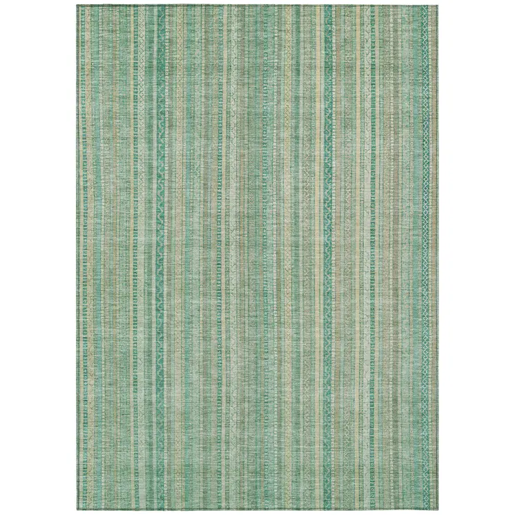 9' X 12' Aqua Beige And Teal Blue Striped Washable Indoor Outdoor Area Rug